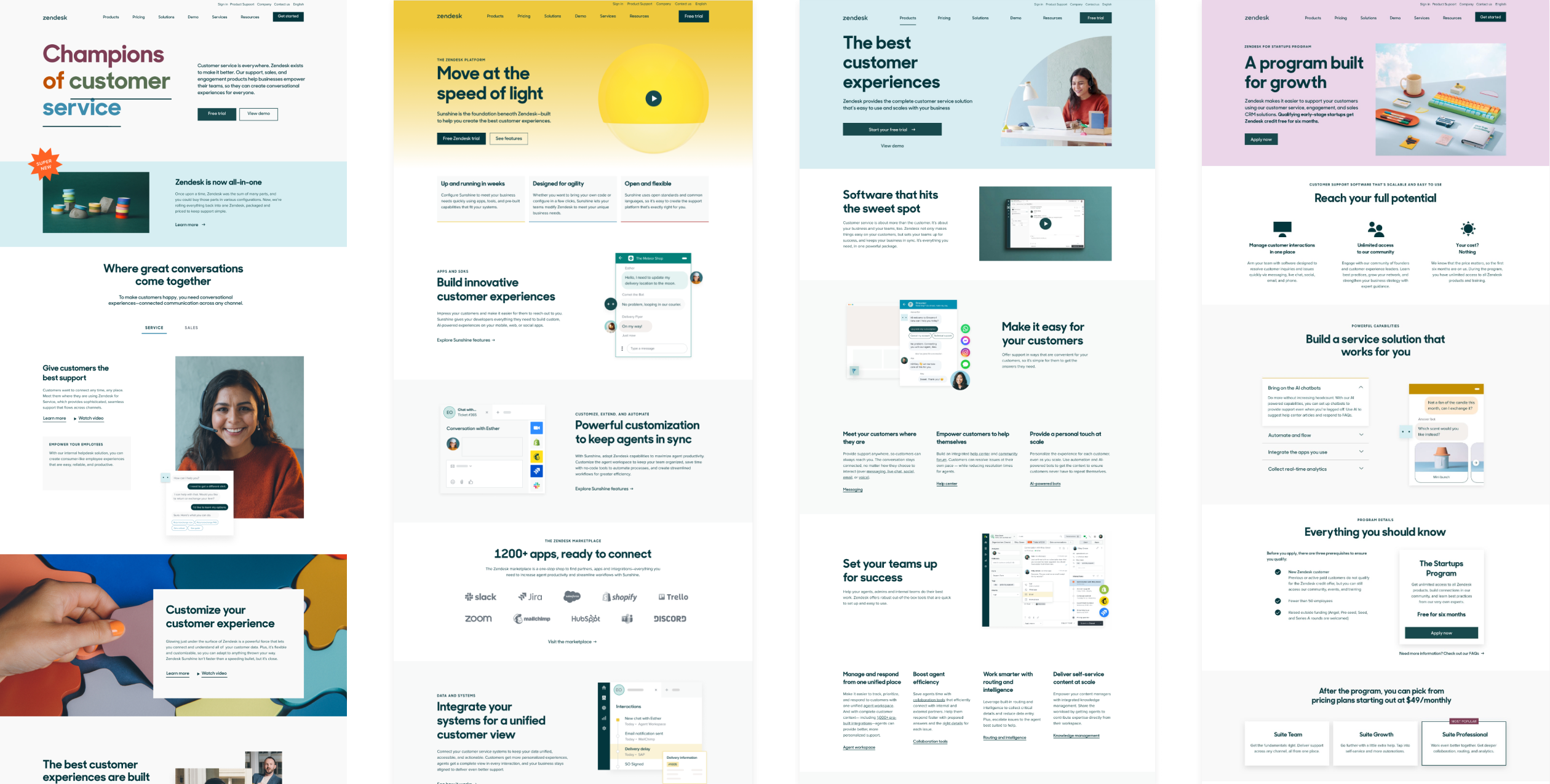 4 Webpages from Zendesk.com, homepage, platform, service, startups